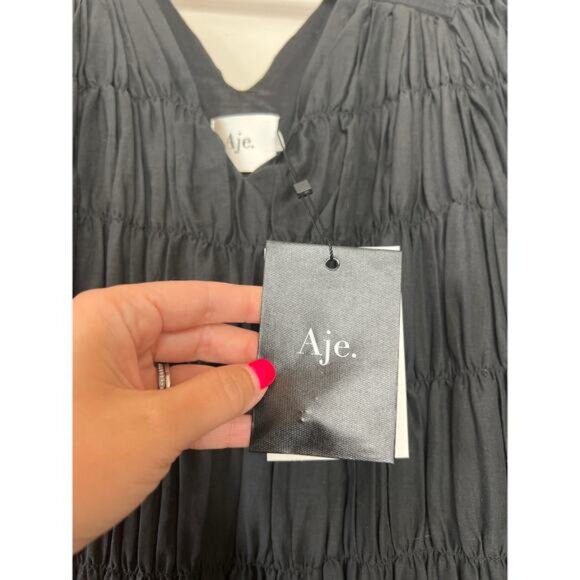 NWT Aje Evelina Ruched Blouson Sleeve V-Neckline Cotton Mini Dress Black Size: 4 - Picture 4 of 8